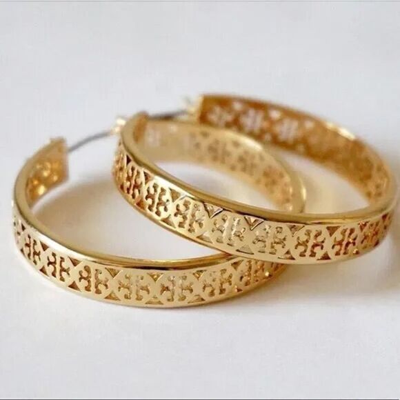 NWOT Tory Burch Gold Kingsley Logo Hoop  Wire Earrings, Comes With Dust Bag - Picture 2 of 5